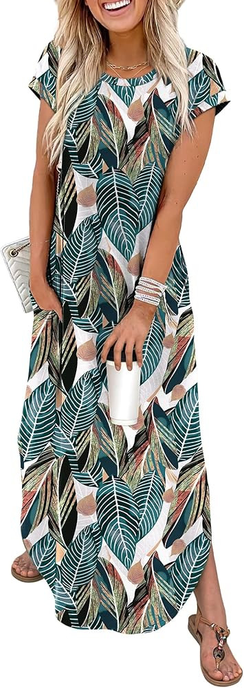 WIHOLL Summer Dresses Cap Sleeve Crewneck Maxi Long Casual Dress with Pockets Beach Vacation Sund... | Amazon (US)