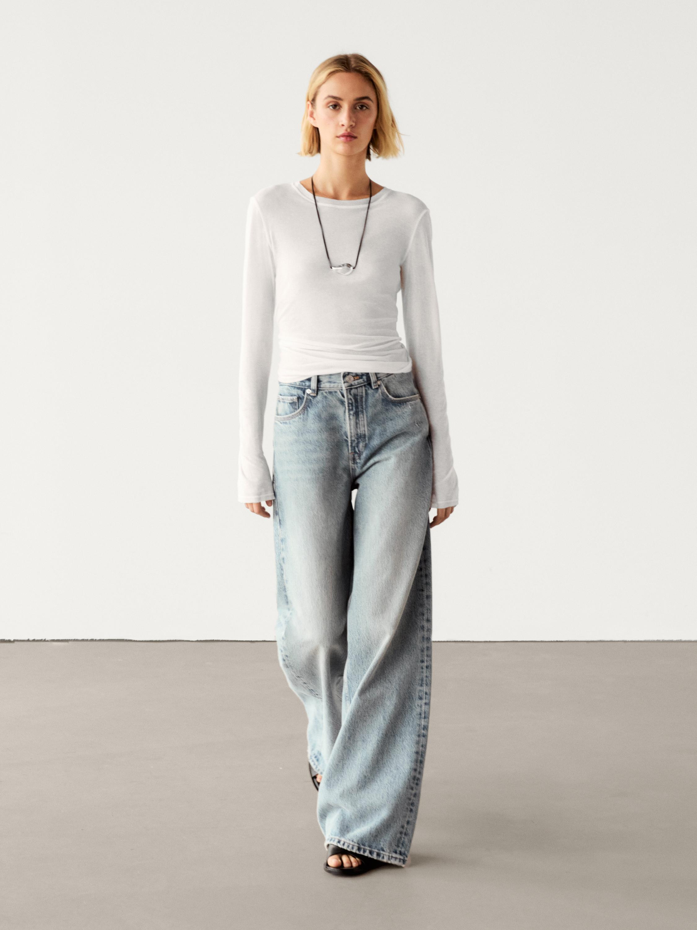 Faded high-waist wide-leg jeans | Massimo Dutti US