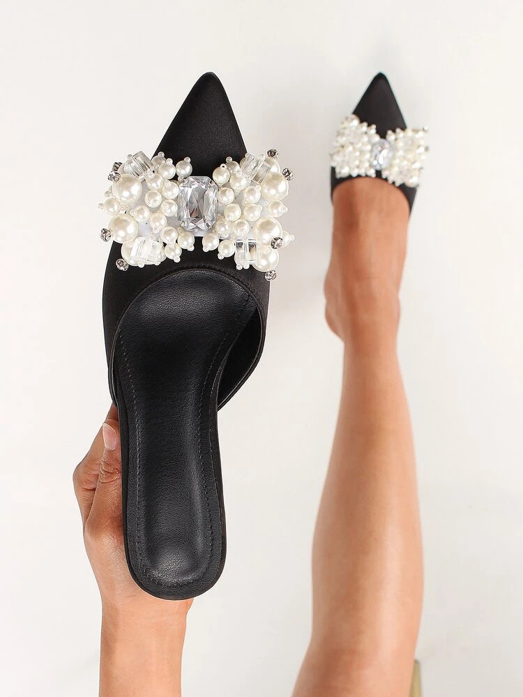 Rhinestone & Faux Pearls Detail Stiletto Heeled Mule Pumps | SHEIN