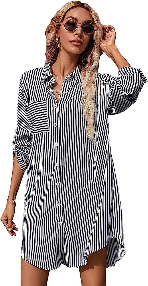 Romwe Women's Striped Button Up Shirts Rolled Long Sleeve Collar Tunic Tops Blouses | Amazon (US)