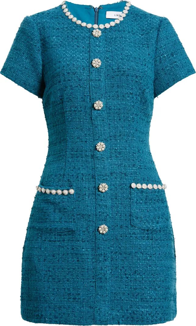 LIKELY Alani Imitation Pearl & Rhinestone Detail Tweed Minidress | Nordstrom | Nordstrom