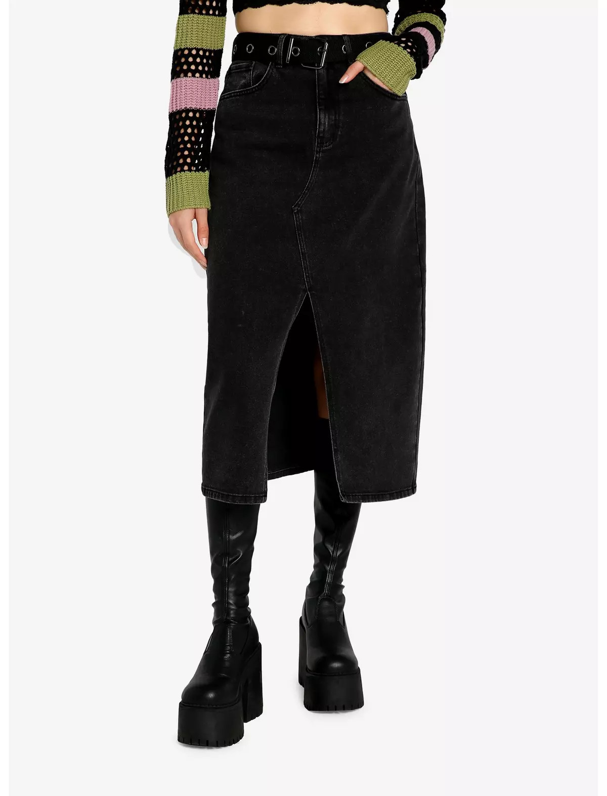 Social Collision Black Denim Belted Midi Skirt | Hot Topic