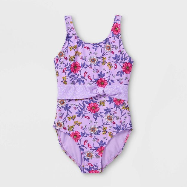 Girls' Retro Floral Print Tie-Waist One Piece Swimsuit - art class™ Lavender | Target