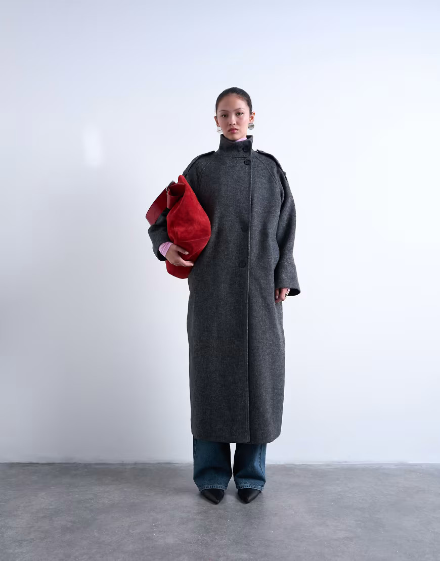 Topshop formal longline funnel neck car coat in grey | ASOS (Global)