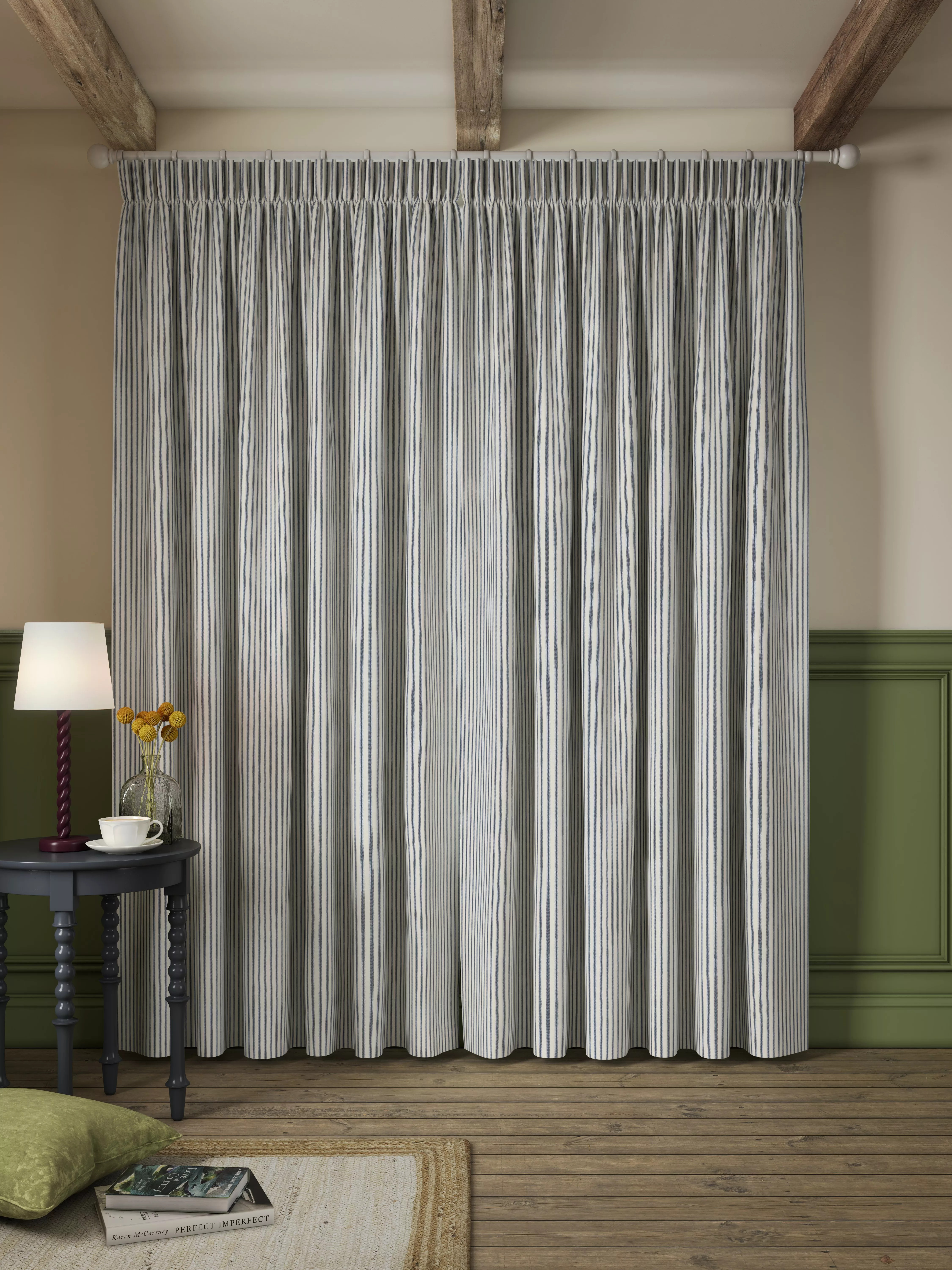 Ticking Stripe Print Pair Lined Pencil Pleat Curtains, Loch Blue, W167 x Drop 137cm | John Lewis (UK)