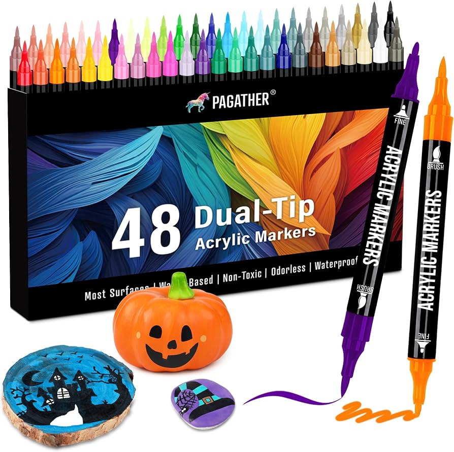 48 Colors Acrylic Paint Markers, Dual Tip with Fine Tip and Brush Tip Pens for Stone, Wood, Calli... | Amazon (US)