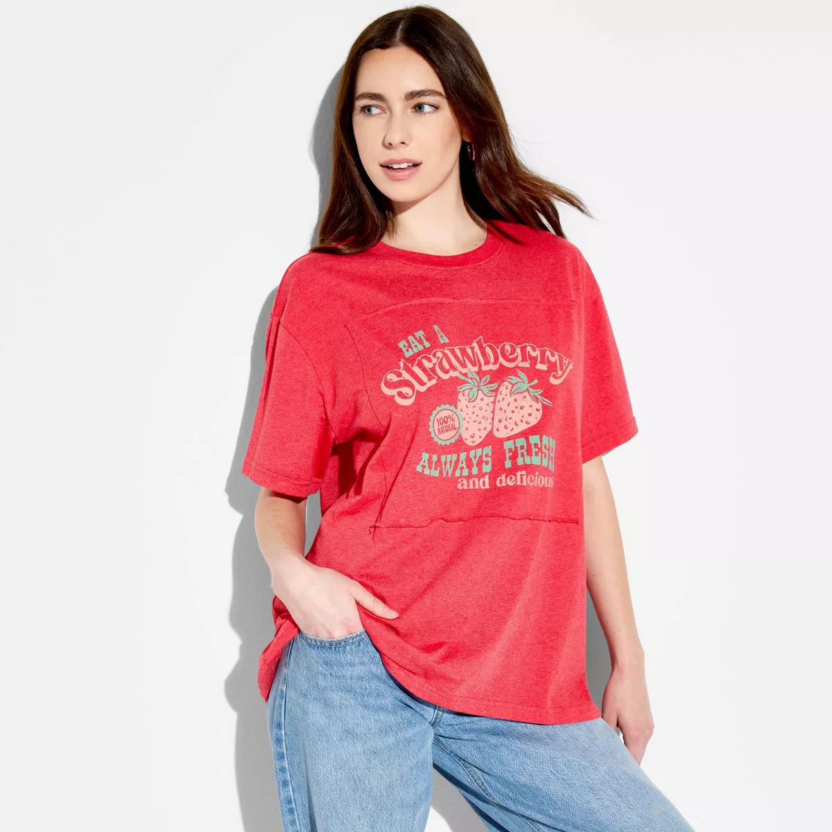 Women's Strawberry Oversized Short Sleeve Graphic T-Shirt - Berry Red XS | Target