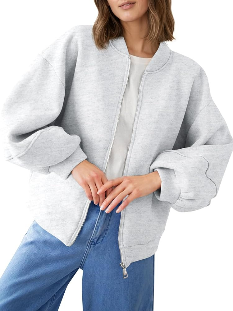 Fisoew Womens Zip Up Sweatshirt Casual Bomber Jacket Lantern Sleeve Oversized Jacket Fall Outfits... | Amazon (US)