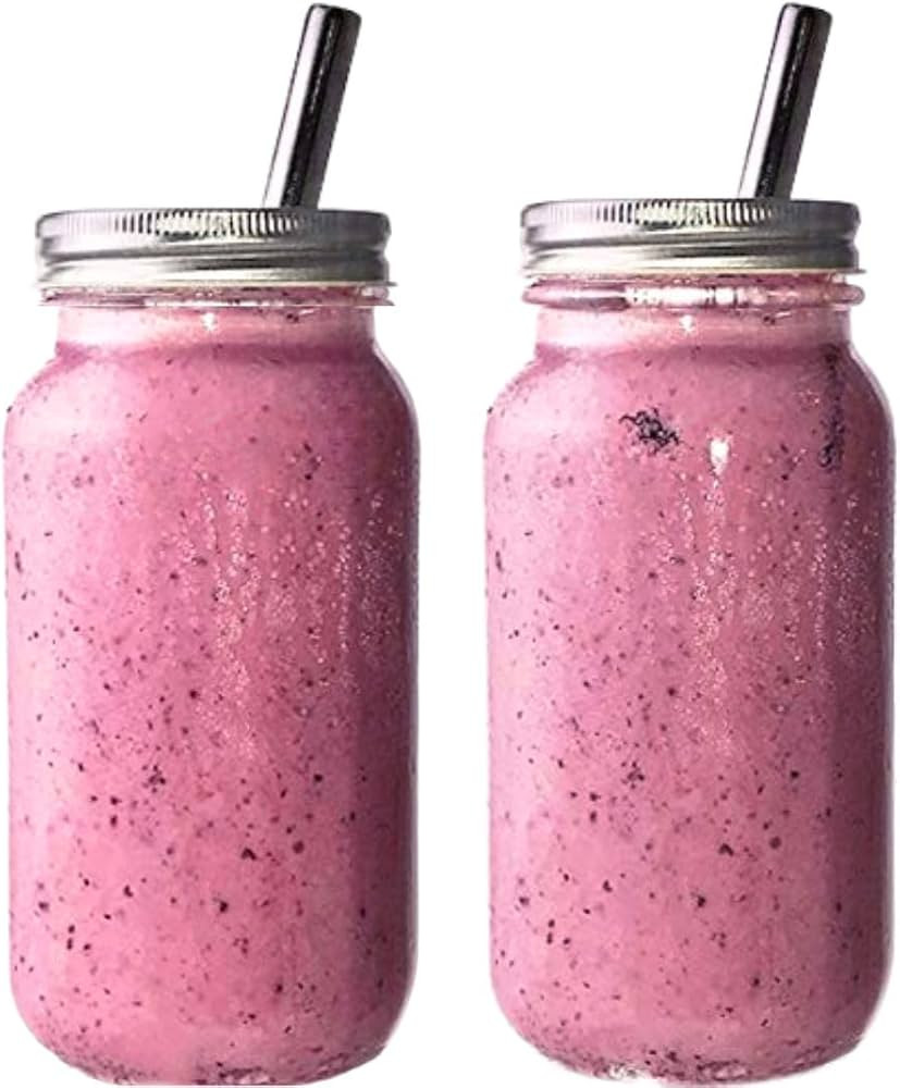 Reusable Freezer Safe Smoothie Cups with Lids and Straws - Mason Drinking Jar (2- 24oz) | Amazon (US)