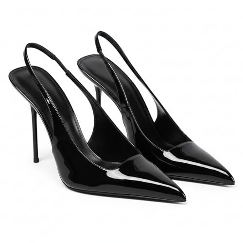 Women's Slingback Stiletto High Heels Pointed Toe Slip On Pumps Shoes Patent Leather Stretch Strap Backless Dress Heels Black | Amazon (US)