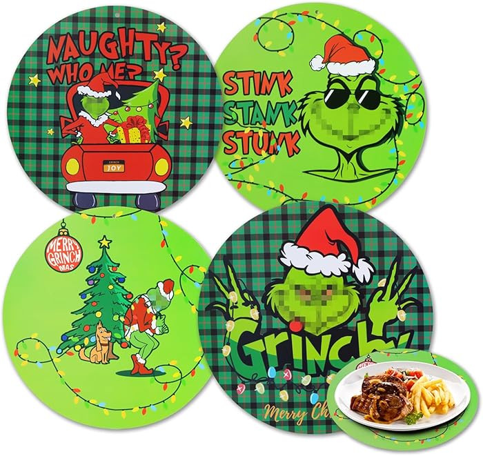 4Pce Round Merry Christmas Placemats The Green Christmas Plastic Table Place Dining Mats with Buf... | Amazon (US)