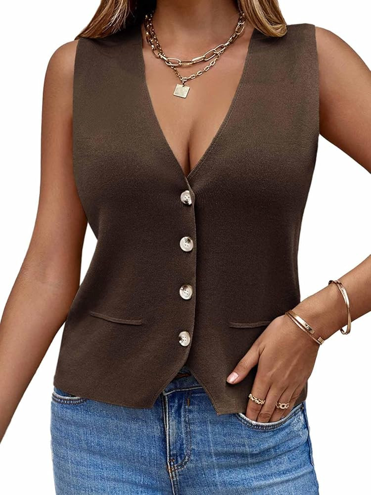 Saodimallsu Womens Sleeveless Sweater Vest Knit V Neck Button Fashion Casual Loose Spring Summer ... | Amazon (US)