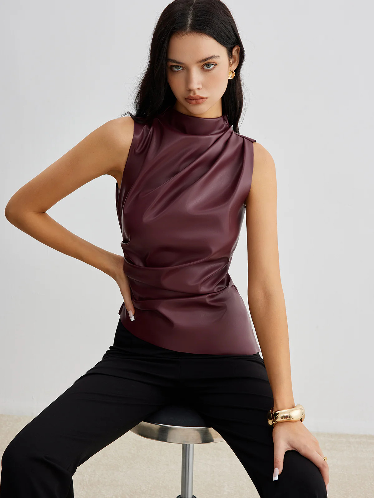 Mock Neck Faux Leather Cinched Tank Top | Commense