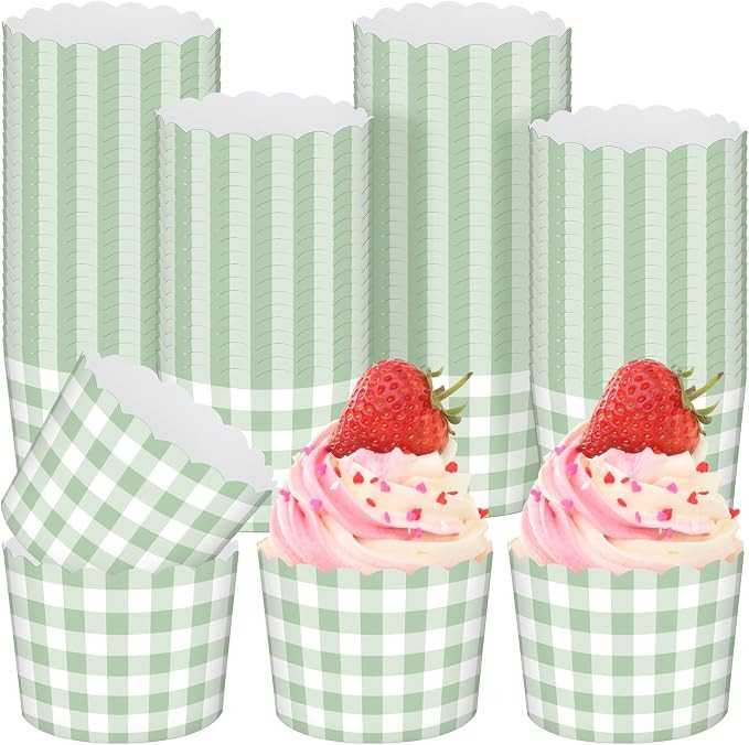 Vesici 150 Pcs Sage Green Gingham Party Supplies Ice Cream Cups Scalloped Gingham Cupcake Cups Pa... | Amazon (US)