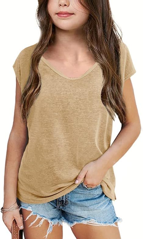 Fekermia Girls Cap Sleeve Summer T Shirts Casual Scoop Neck Basic Loose Tank Tee Shirts | Amazon (US)