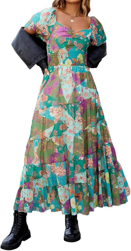 Women Floral Maxi Dress Short Puff Sleeve V Neck Bohemian Flowy Dress Smocked Casual Spring Summe... | Amazon (US)