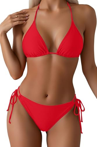 Tempt Me Women Red Triangle Bikini Sets Halter Two Piece Sexy Swimsuit String Tie Side Bathing Suit S | Amazon (US)