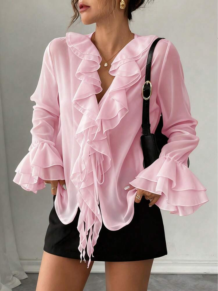 Rafferiza French Elegant Solid Color Chiffon Lantern Sleeve V-Neck Tie Waist Loose Regular Blouse For Women, Autumn Fall Cloth For Women | SHEIN