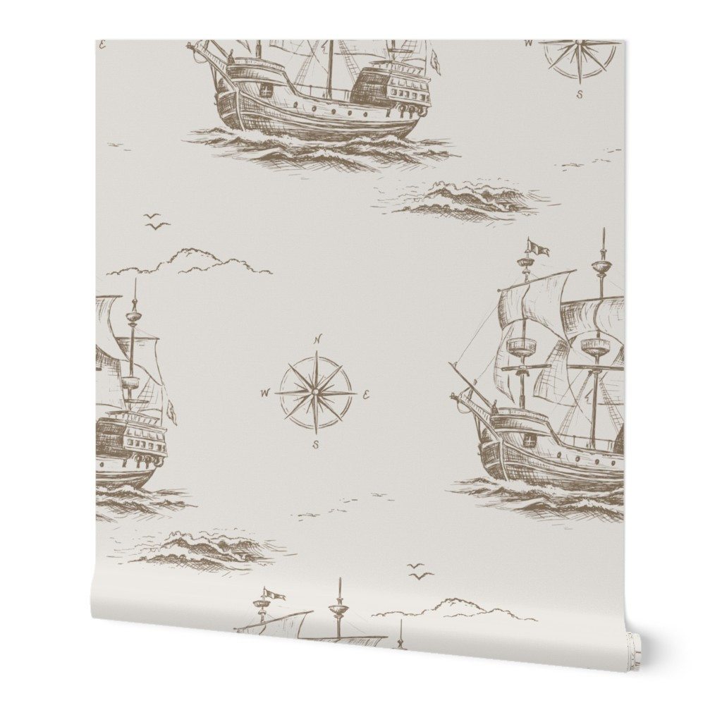 Wallpaper in Coastal Wallpaper of Nautical Pirate Ship in Vintage Brown | Spoonflower