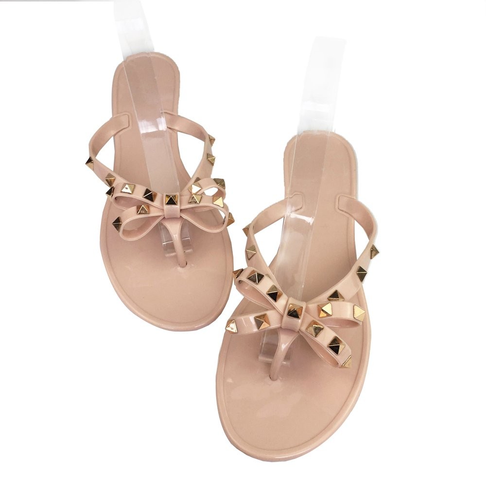 Womens Rivets Bowtie Flip Flops Jelly Thong Sandal Rubber Flat Summer Beach Rain Shoes | Amazon (US)