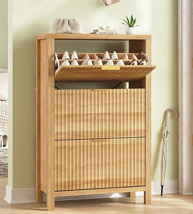 YOMILUVE Shoe Cabinet Storage for Entryway, Fluted Shoe Cabinet with 3 Flip Drawers, Hidden Shoe ... | Amazon (US)