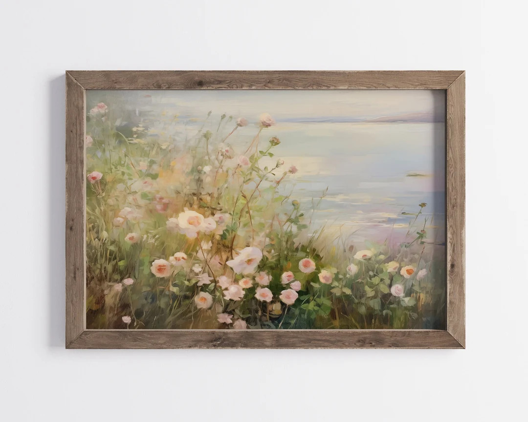 Spring Floral Sea Wall Art, Cottagecore Coastal Printable Wildflower Field Painting, Vintage Summ... | Etsy (US)
