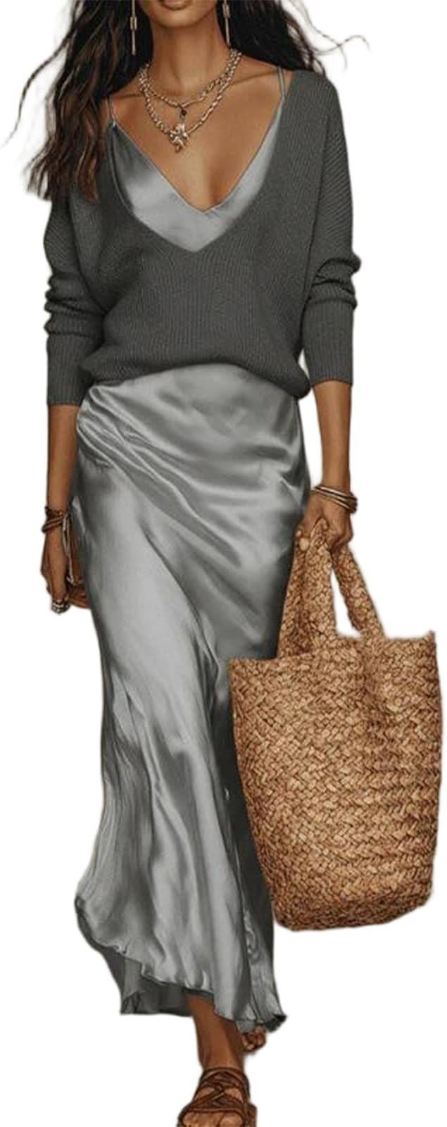 2 Piece Sets for Women Summer V Neck Work Dress Long Sleeve Knit Coverup and Satin Slip Spaghetti... | Amazon (US)