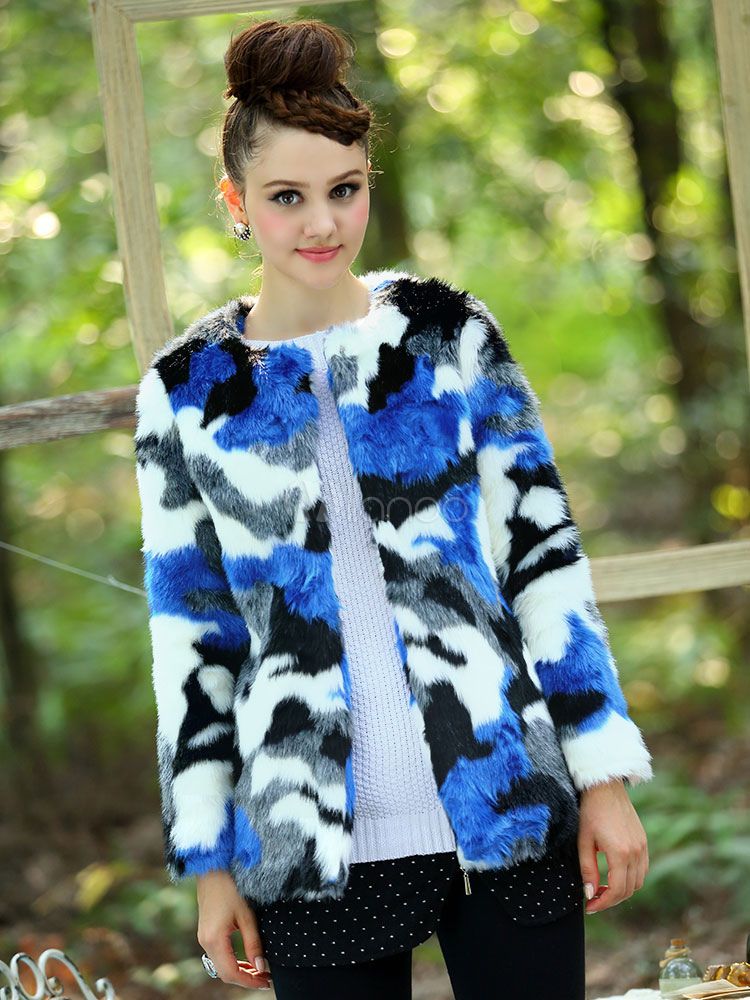 Faux Fur Jacket Women's Blue Camouflage Printed Round Neck Winter Jacket | Milanoo