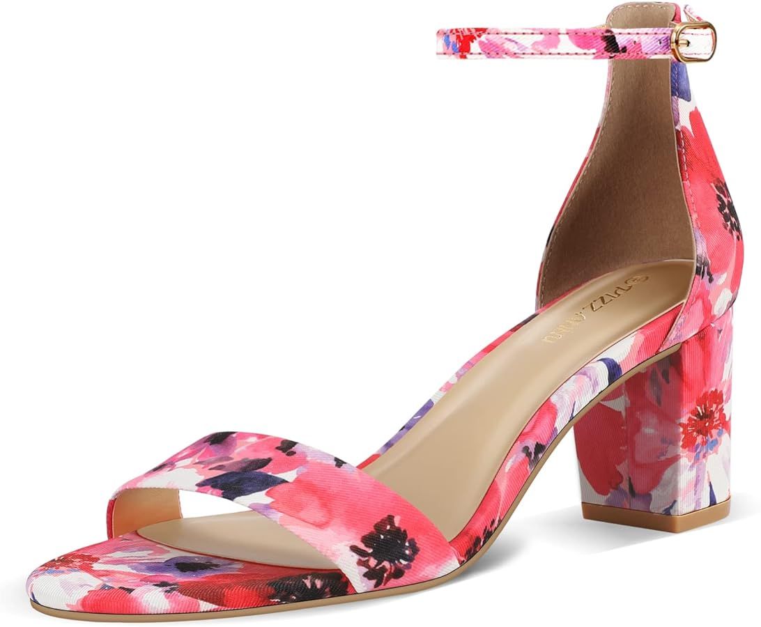 PIZZ ANNU Women's Open Toe Ankle Strap Low Block Chunky Heels Sandals Party Dress Pumps Shoes Str... | Amazon (US)