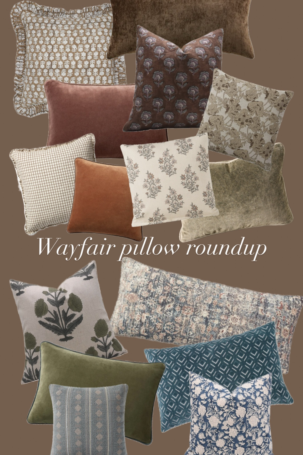 Put together my favorite throw pillows from Wayfair while I was shopping today in cool and warm tones!

Wayfair finds, block print, floral, moody tones, brown tones, neutrals, lumbar pillow, bedding, couch pillows 

#LTKHome #LTKFindsUnder50 #LTKSaleAlert