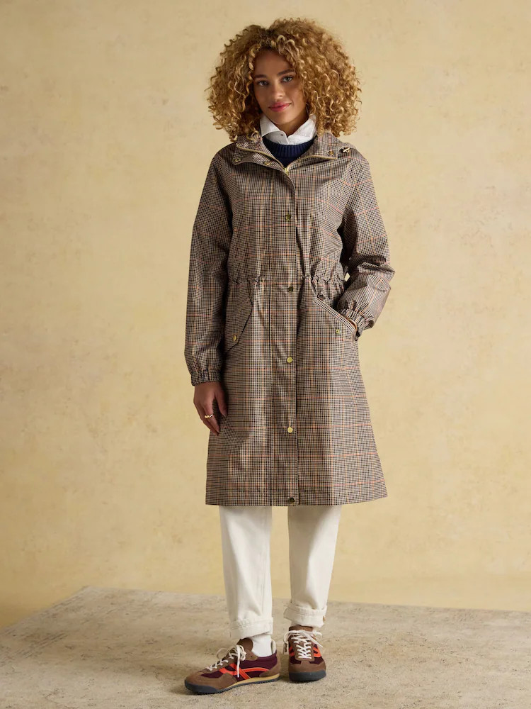Joules Holkham Brown Check Waterproof Packable Raincoat With Hood | Next AU
