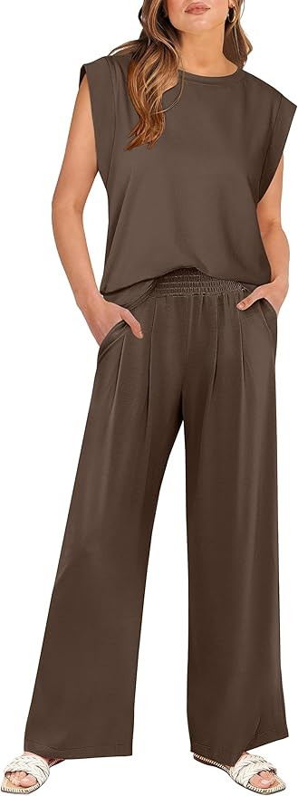 ANRABESS Women 2 Piece Outfits Tank Top & Palazzo Pants 2025 Summer Lounge Matching Sets Travel V... | Amazon (US)