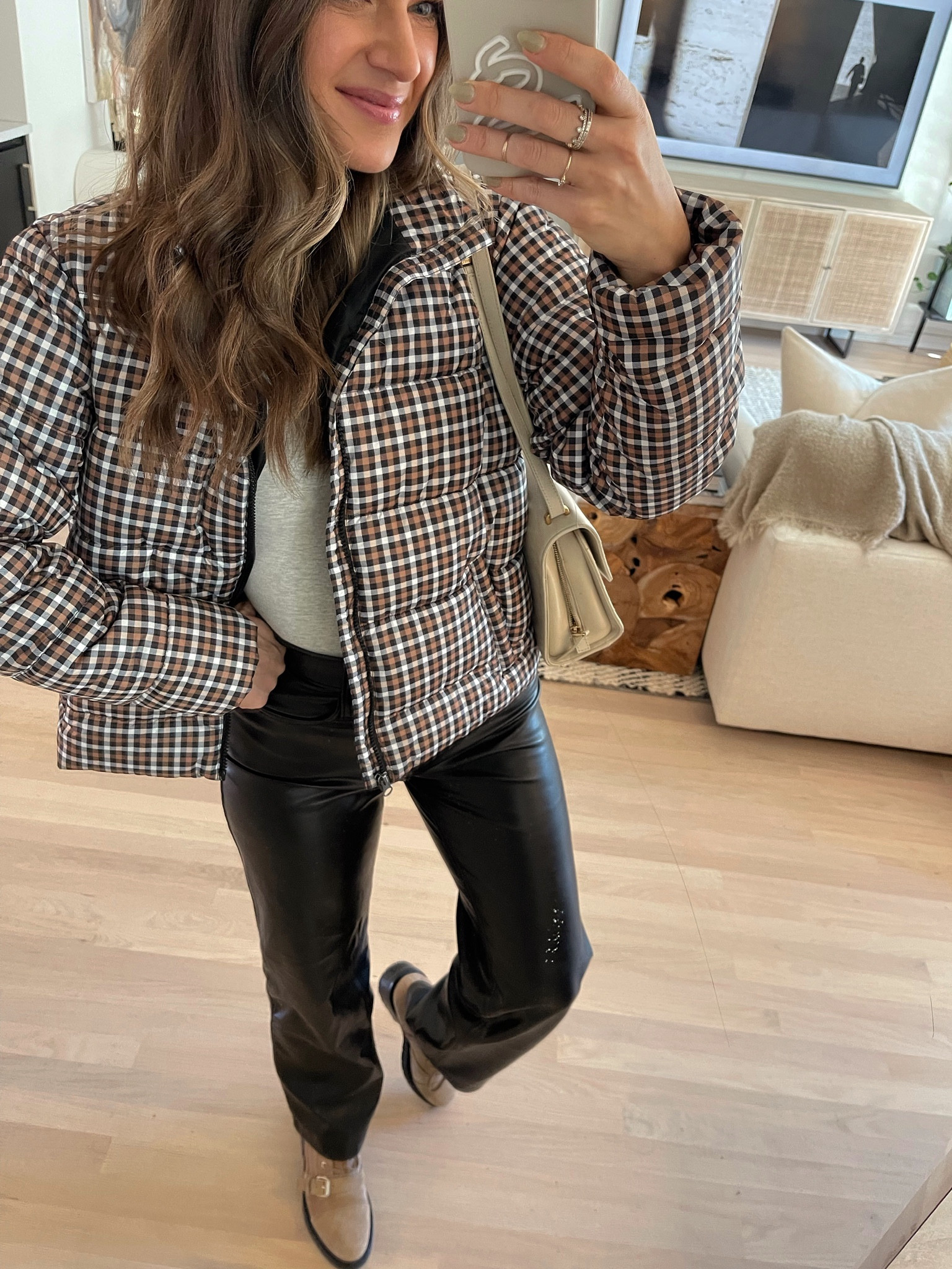 Styling the Vegan leather straight paints a few ways. I got my true size in the regular length in them! Wearing a S bodysuit & puffer. Boots fit TTS! // fall outfit, fall trends, fall style, fall fashion, fall outfits, fall outfit ideas, fall outfit inspo, leather pants outfit