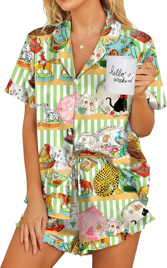 Ekouaer Womens Satin Pajamas Set Button Down 2 Piece Silk Pjs Shorts Set Ruffle Lingerie Notch Co... | Amazon (US)