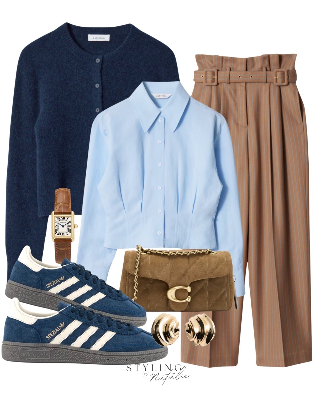 Spring work wear 
Pinstripe belted trousers, tapered blue shirt, navy blue cardigan, Adidas Spezial trainers & suede Coach bag.
Work wear, casual work outfit, spring outfit.

#LTKworkwear #LTKspring #LTKstyletip