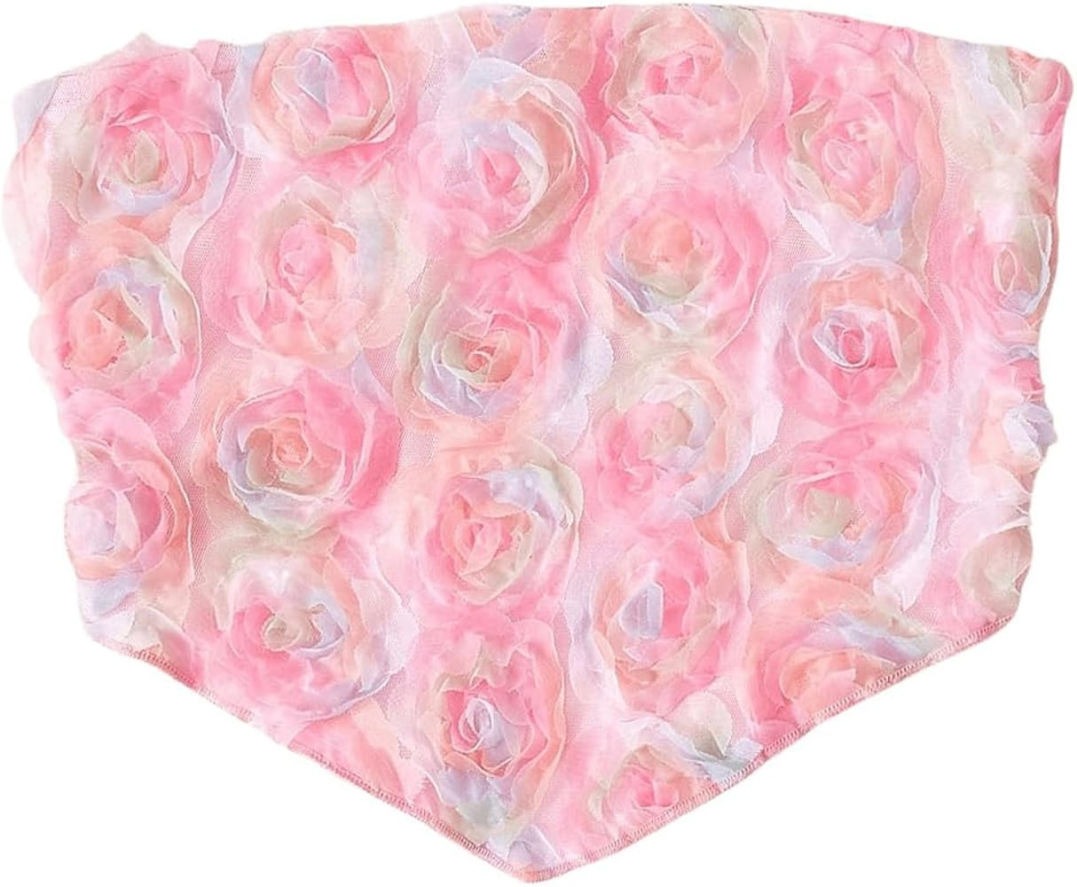 Women's 3D Rose Strapless Mesh Crop Bandeau Top Casual Asymmetrical Hem Sleeveless Slim Fit Tube ... | Amazon (US)