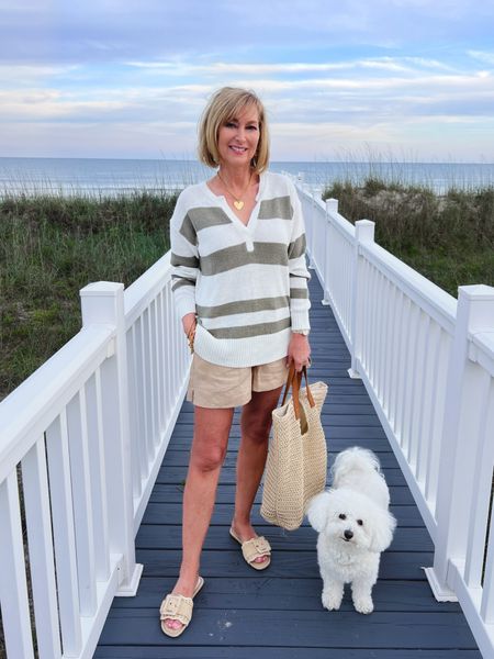 Linen shorts and sweater! Beach style!
Vacation outfit 

#LTKSeasonal #LTKTravel #LTKOver40