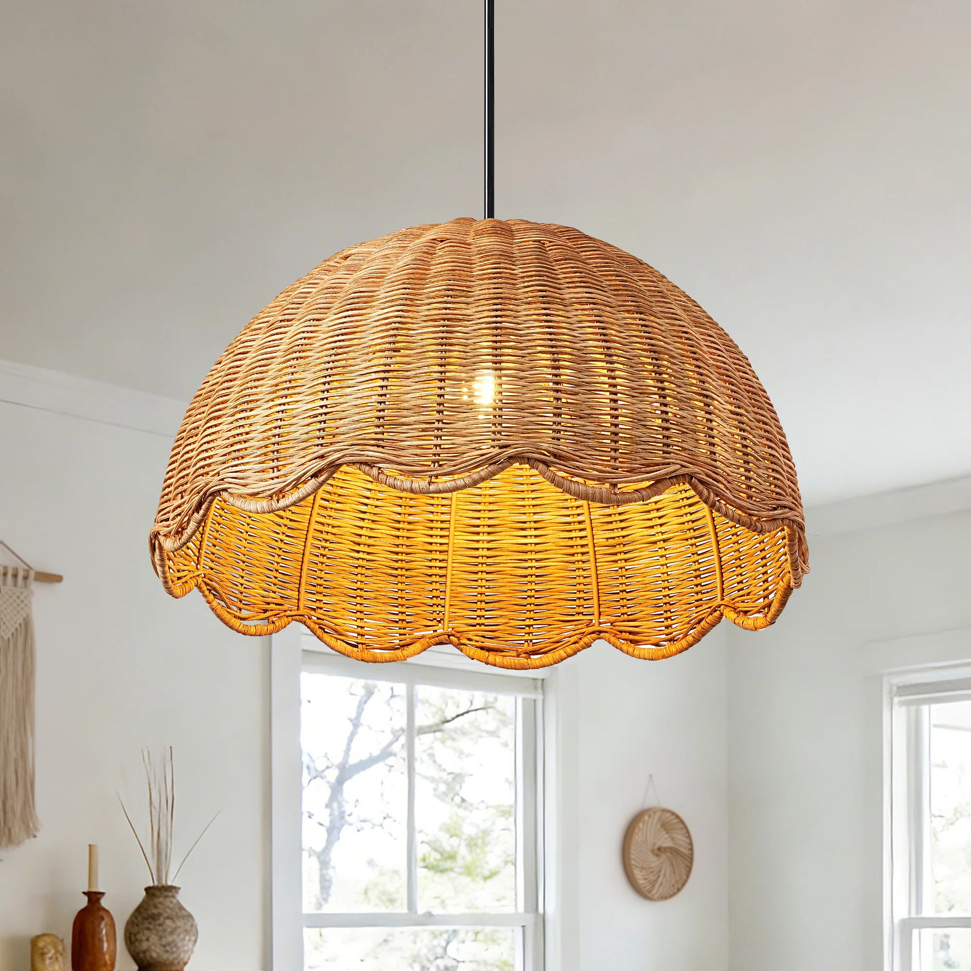 15.7" Rattan Pendant Light With Scalloped Edge, Natural Wicker Hanging Lamp For Kitchen Island & Dining Room | Wayfair North America