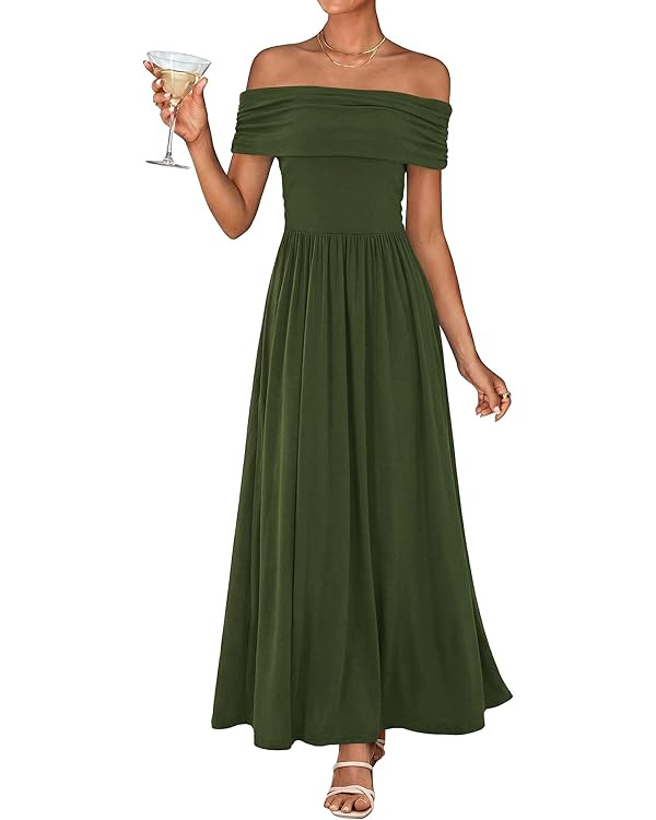 KIRUNDO Off The Shoulder Maxi Dress for Women 2026 Spring Summer Ruched Pleated Flowy Cocktail Lo... | Amazon (US)