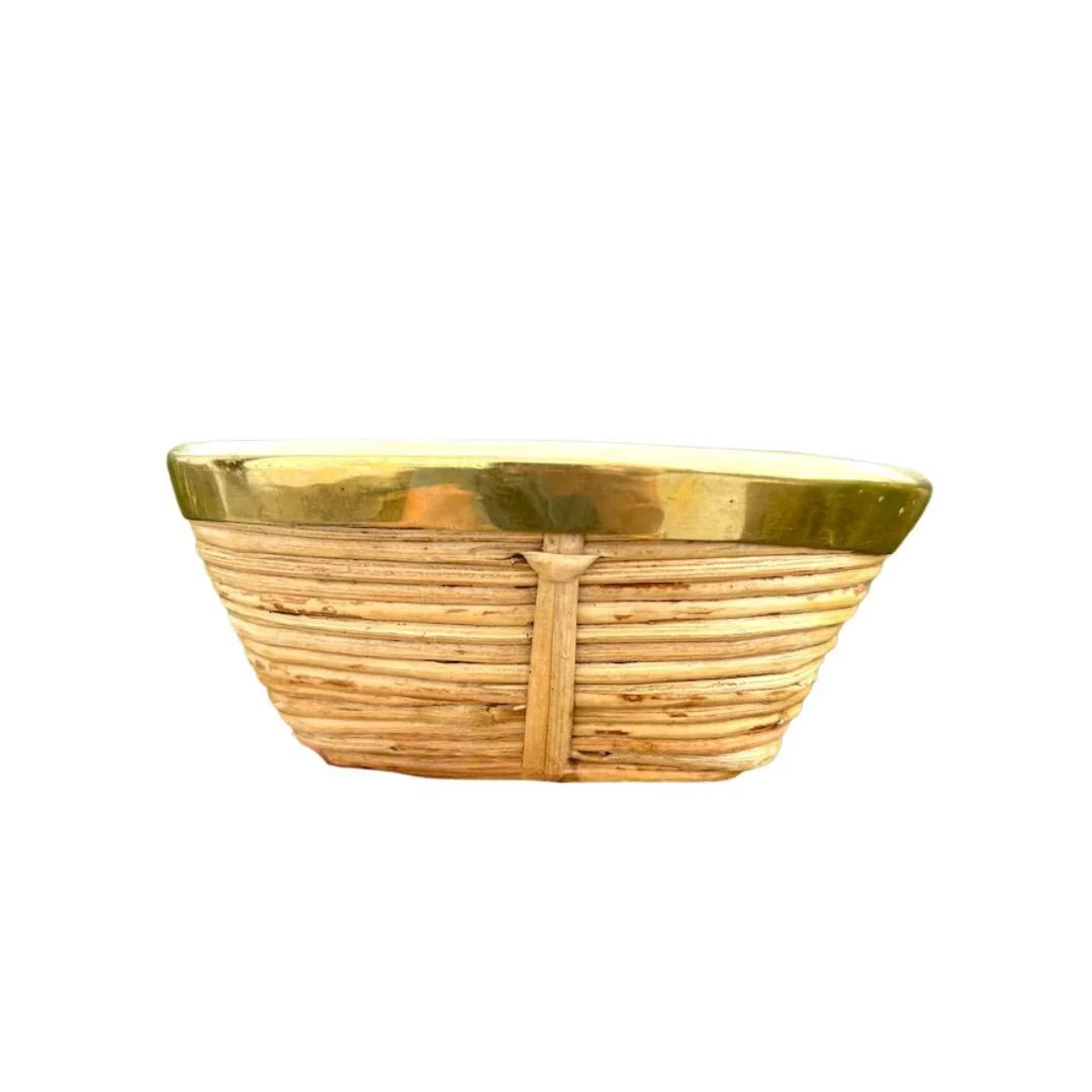 Vintage Mini Italian Rattan Basket Bowl with Brass Trim in the Style of Gabriella Crespi | Paloma & Co.