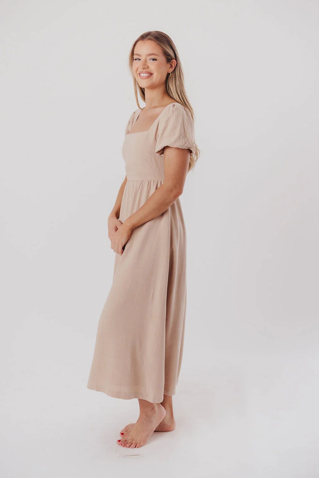 Ainsley Square Neck Midi Dress with Puffed Sleeves in Deep Taupe - Bum | Worth Collective