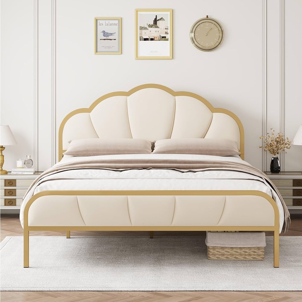 Queen Bed Frame, Upholstered Platform Bed Frame with Velvet Petal Headboard, Footboard, Strong Wo... | Amazon (US)