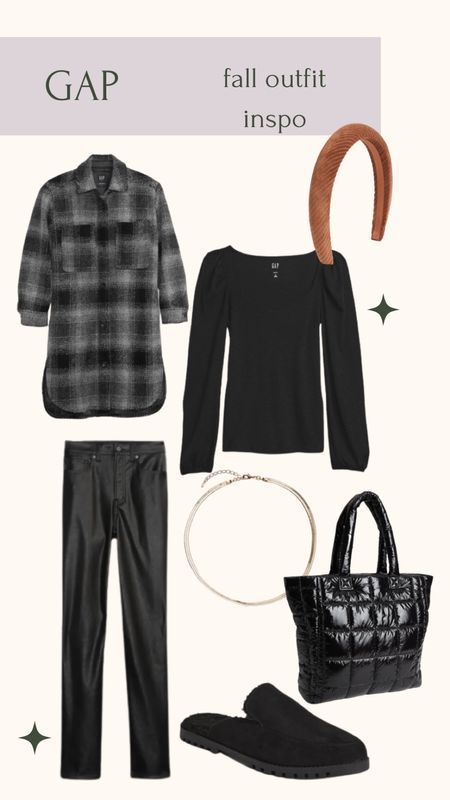 Fall outfit inspo all from Gap! 

Shacket, oversized flannel, puffed sleeve black tshirt, corduroy headband, fake leather pants, pleather, necklace, gold jewelry, mules, puffer tote bag 

#LTKstyletip #LTKitbag #LTKSeasonal