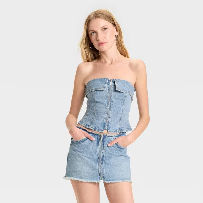 Women's Zip-Front Denim Tube Top - Wild Fable™ Blue Denim XXS | Target