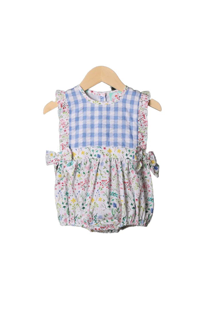 Wildflower Blue Gingham Bow Bubble | The Smocked Flamingo