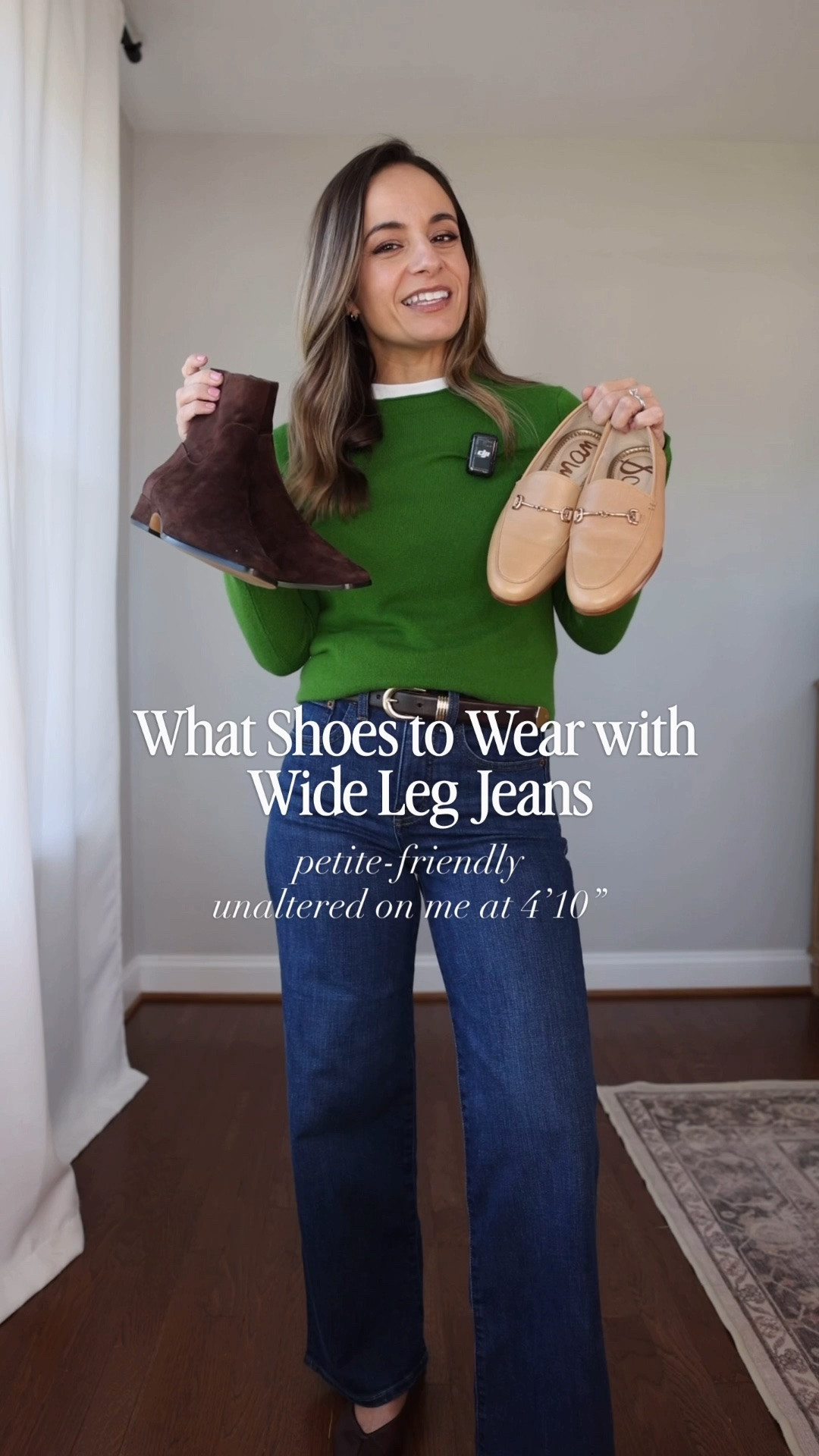 What shoes to wear with wide leg jeans for petites! 

Jeans (Madewell): petite 24 (10 3/8” rise, 28” inseam) 

Ballet Flats 
Sweater (J.Crew): xxs 
T-Shirt (Quince): xs 
Belt (Quince): xs 
Shoes (Madewell) 

Loafers 
Top (Ann Taylor): xxs 
Belt (Quince): xs 
Shoes (Sam Edelman) 

Boots 
Sweater (Gap): petite xs 
T-Shirt (Old Navy): petite xs 
Belt (Quince) 
Boots (Steve Madden) 

Sneakers 
Sweater (Madewell): xxs 
T-Shirt (Old Navy): petite xs 
Sneakers (Gola) 

Fall outfits, wide leg jeans, petite outfits

#LTKPetite