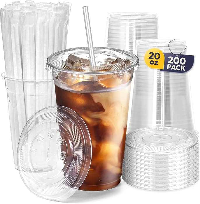 Fit Meal Prep 200 Pack 20 oz Plastic Iced Coffee Cups with Flat Lids and Clear Straws, Disposable... | Amazon (US)