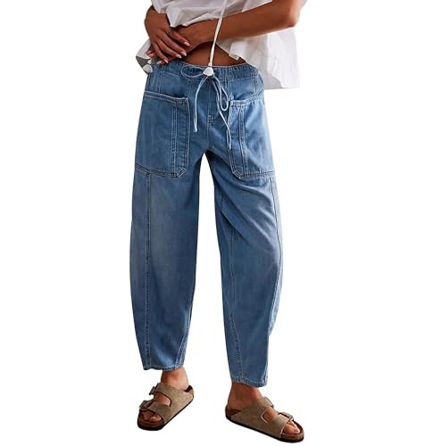 Women's Wide Leg Baggy Jeans Elastic Low Rise Barrel Jean Loose Boyfriend Denim Pants with Drawst... | Amazon (US)