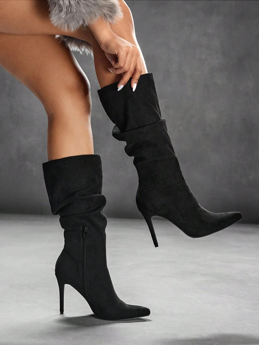 CUCCOO SZL Women's Fashion Pleated Black Suede Pointed Toe Knee-High Boots, Stylish For Commute, ... | SHEIN