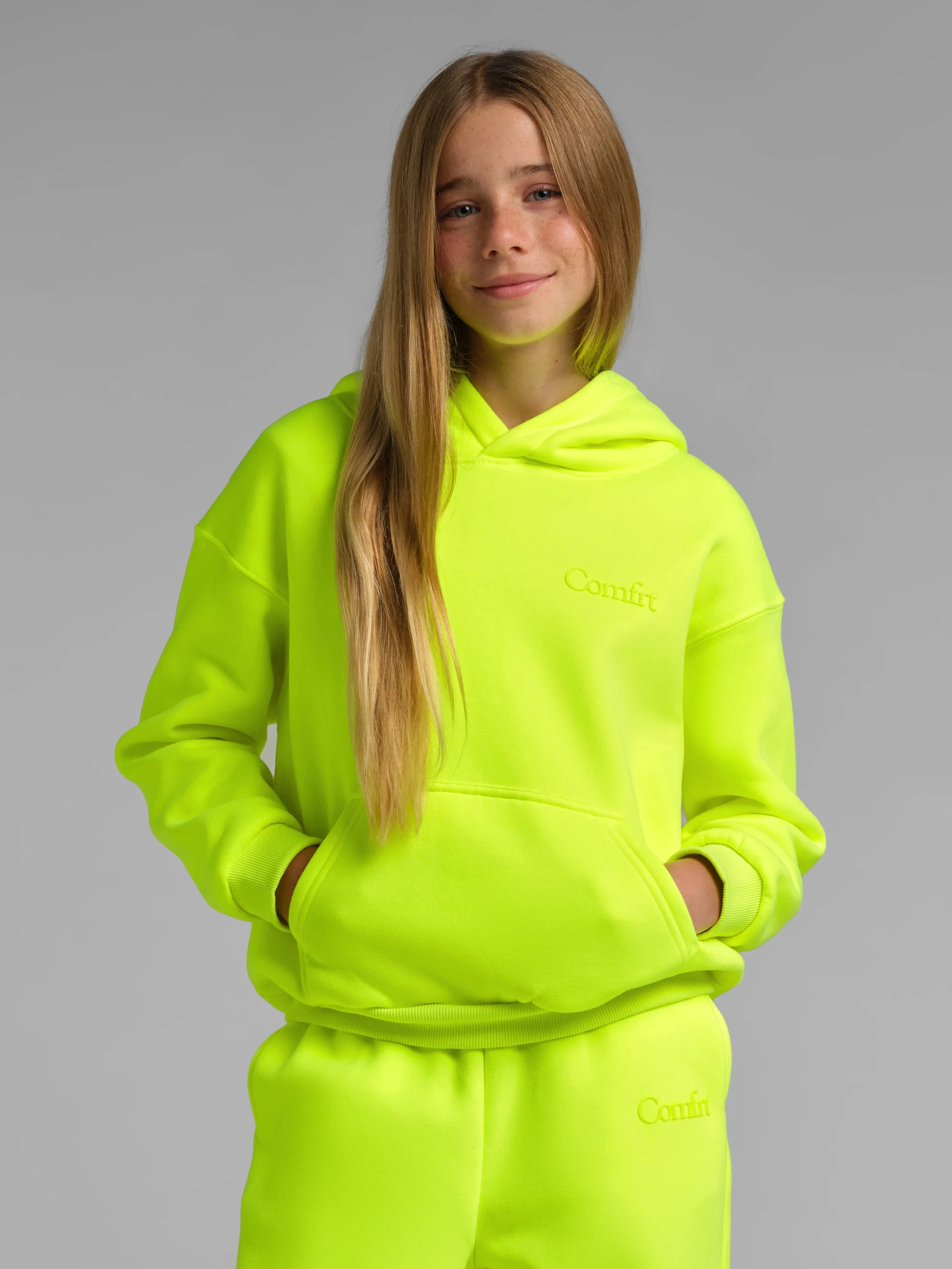 Comfrt Neon Minimalist Kids Hoodie | Electric Yellow | Oversized | M | Medium | Comfrt